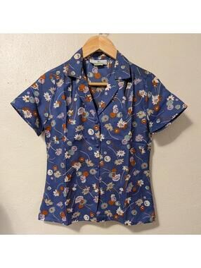 1970s Jonathan Martin Floral Print Silky Polyester Button-Up Blouse Size Small